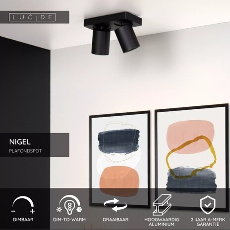 Lucide LED Dubbele Opbouwspot Nigel Zwart GU10 2x5W 2200K Dimbaar Lucide LED Dubbele Opbouwspot Nigel Zwart GU10 2x5W 2200K Dimbaar
