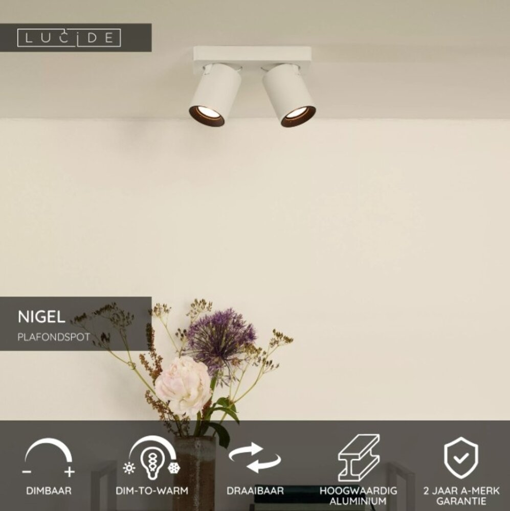 Lucide LED Dubbele Opbouwspot Nigel Wit GU10 2x5W 2200K Dimbaar Lucide LED Dubbele Opbouwspot Nigel Wit GU10 2x5W 2200K Dimbaar