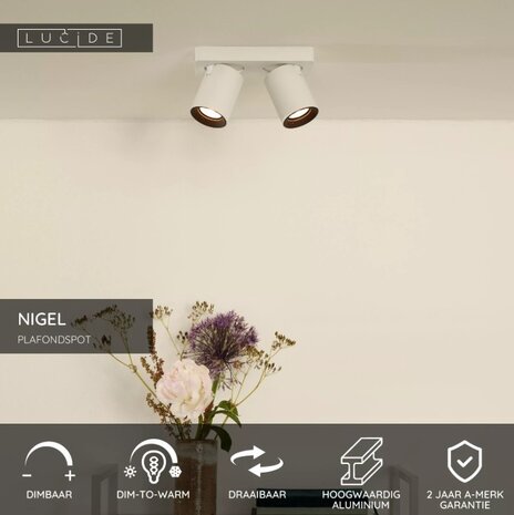 Lucide LED Dubbele Opbouwspot Nigel Wit GU10 2x5W 2200K Dimbaar Lucide LED Dubbele Opbouwspot Nigel Wit GU10 2x5W 2200K Dimbaar