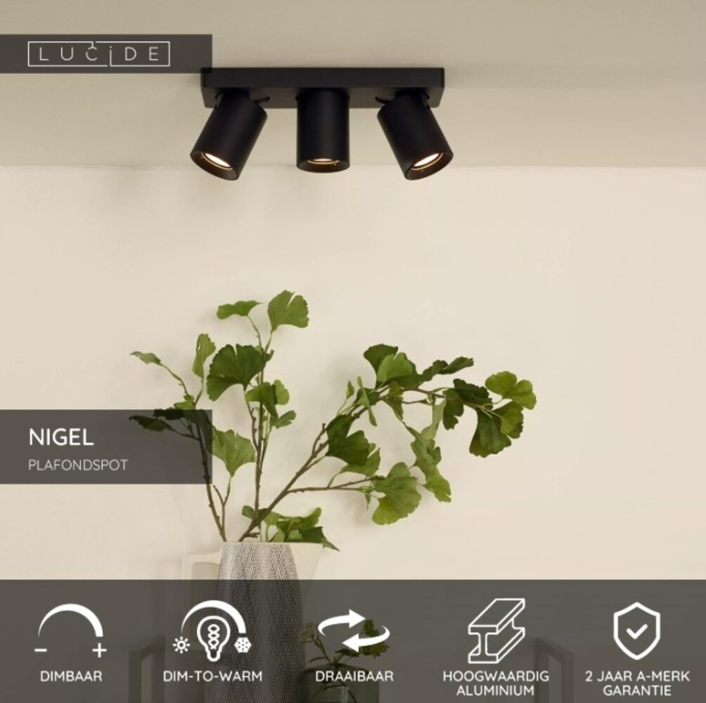 Lucide LED 3-Lichts Opbouwspot Nigel Zwart GU10 3x5W 2200K Dimbaar