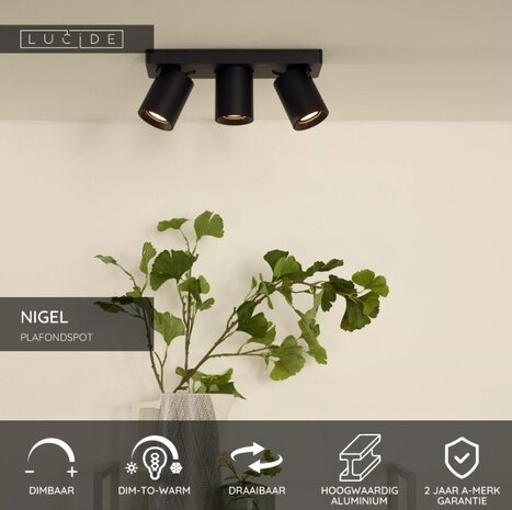 Lucide LED 3-Lichts Opbouwspot Nigel Zwart GU10 3x5W 2200K Dimbaar