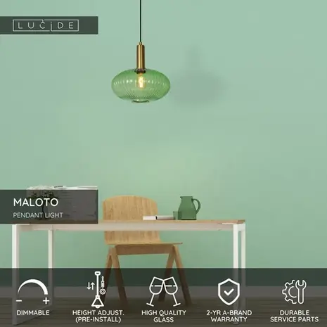 Lucide OP=OP MALOTO Hanglamp-Groen-Ø30-1xE27-40W-Glas Lucide OP=OP MALOTO Hanglamp-Groen-Ø30-1xE27-40W-Glas