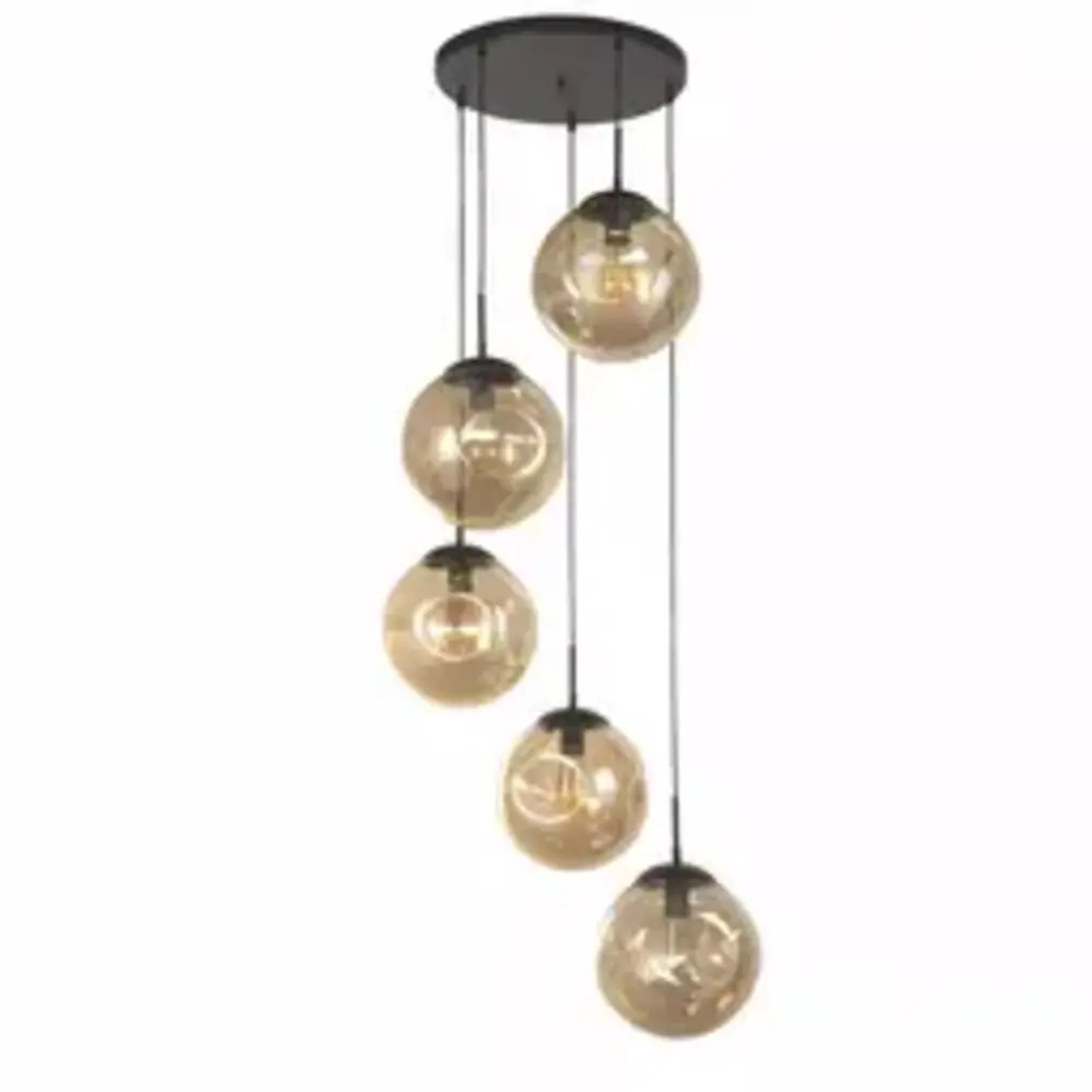 Searchlight Hanglamp PUNCH - 5-Lichts E27 - Zwart Metaal met Champagne Glas - Multi Drop | Dimbaar Searchlight Hanglamp PUNCH - 5-Lichts E27 - Zwart Metaal met Champagne Glas - Multi Drop | Dimbaar