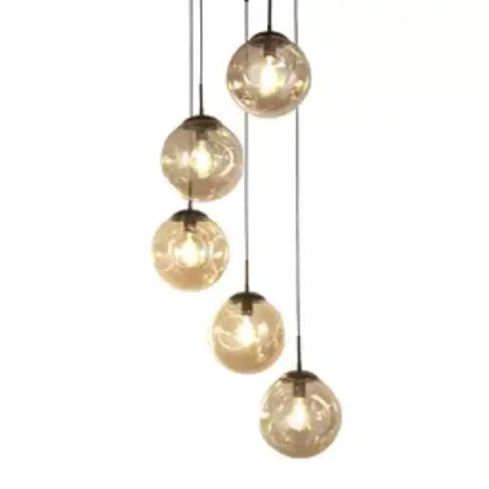 Searchlight Hanglamp PUNCH - 5-Lichts E27 - Zwart Metaal met Champagne Glas - Multi Drop | Dimbaar Searchlight Hanglamp PUNCH - 5-Lichts E27 - Zwart Metaal met Champagne Glas - Multi Drop | Dimbaar