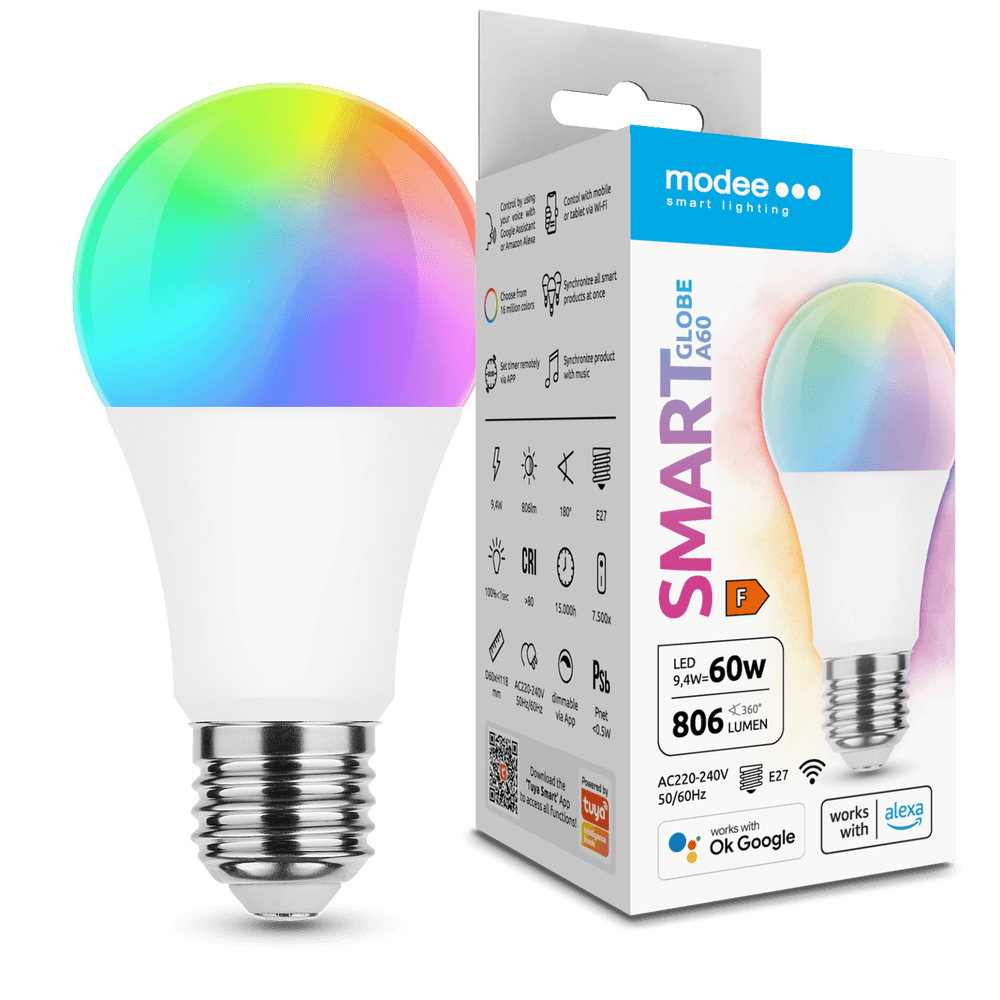Modee WiFi LED Lamp - E27 9,4W - RGB+CCT alle lichtkleuren - Bediening met de App Modee WiFi LED Lamp - E27 9,4W - RGB+CCT alle lichtkleuren - Bediening met de App
