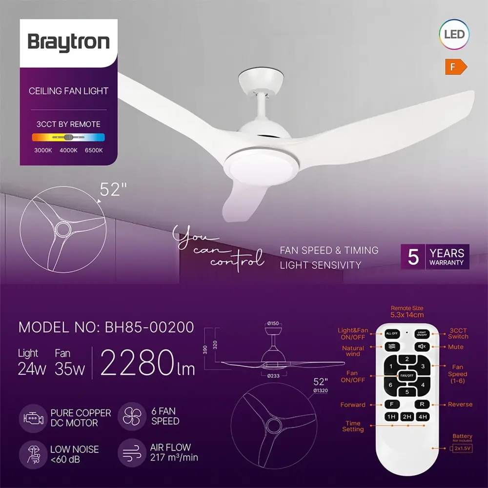 Braytron Plafondventilator 35W - LED 25W CCT - 1320mm - Wit - Incl. afstandsbediening Braytron Plafondventilator 35W - LED 25W CCT - 1320mm - Wit - Incl. afstandsbediening