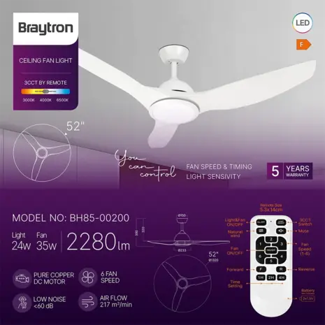 Braytron Plafondventilator 35W - LED 25W CCT - 1320mm - Wit - Incl. afstandsbediening Braytron Plafondventilator 35W - LED 25W CCT - 1320mm - Wit - Incl. afstandsbediening