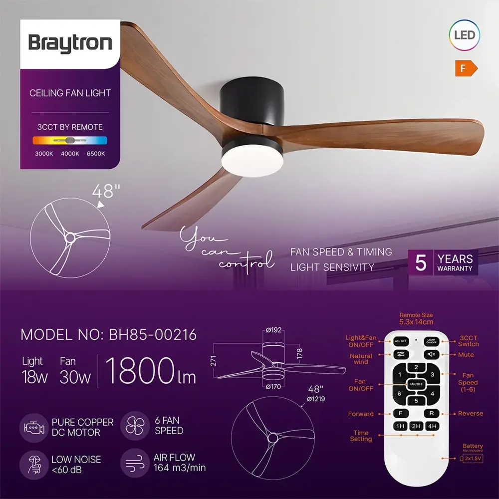 Braytron Plafondventilator 30W - LED 18W CCT - 1219mm - Zwart - Hout - Incl. afstandsbediening Braytron Plafondventilator 30W - LED 18W CCT - 1219mm - Zwart - Hout - Incl. afstandsbediening