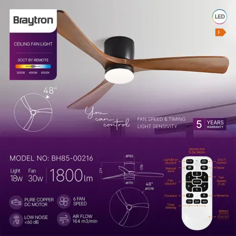 Braytron Plafondventilator 30W - LED 18W CCT - 1219mm - Zwart - Hout - Incl. afstandsbediening Braytron Plafondventilator 30W - LED 18W CCT - 1219mm - Zwart - Hout - Incl. afstandsbediening