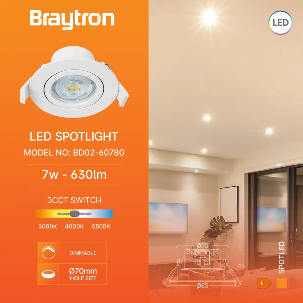 Braytron LED Inbouwspot - 7W Dimbaar - 750Lm - 3CCT - Zaagmaat 70mm - Mat wit Braytron LED Inbouwspot - 7W Dimbaar - 750Lm - 3CCT - Zaagmaat 70mm - Mat wit