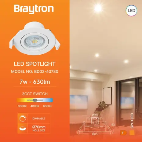 Braytron LED Inbouwspot - 7W Dimbaar - 750Lm - 3CCT - Zaagmaat 70mm - Mat wit Braytron LED Inbouwspot - 7W Dimbaar - 750Lm - 3CCT - Zaagmaat 70mm - Mat wit
