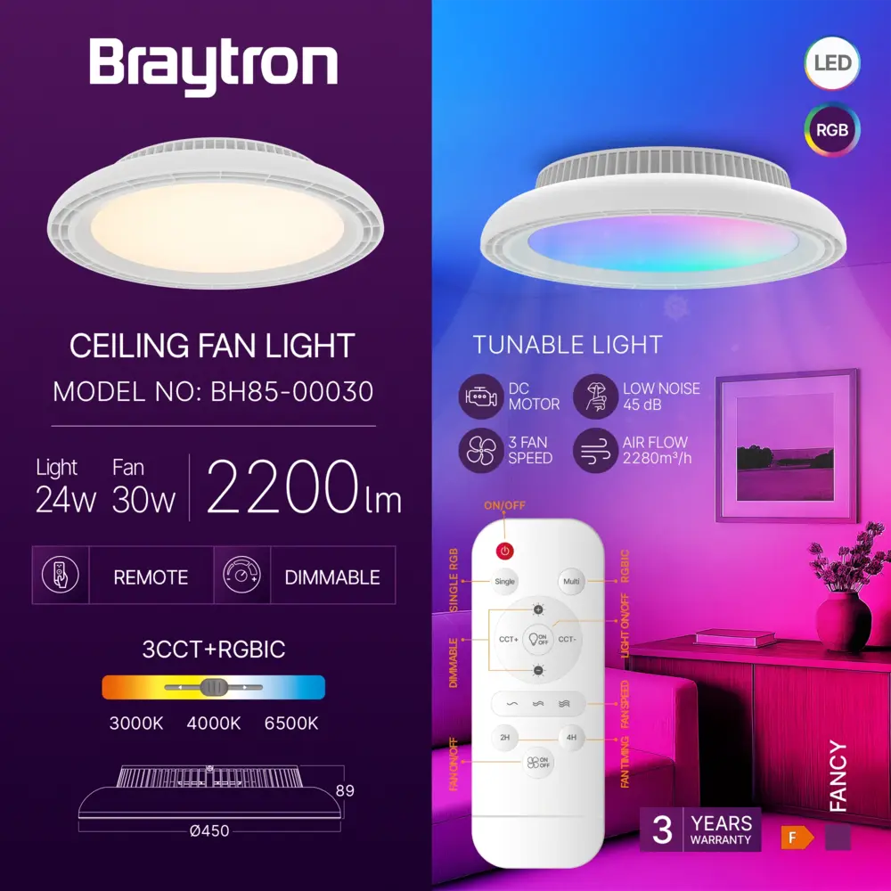 Braytron Braytron Fancy Plafondventilator met LED 24W + 30W RGB – Wit Braytron Braytron Fancy Plafondventilator met LED 24W + 30W RGB – Wit