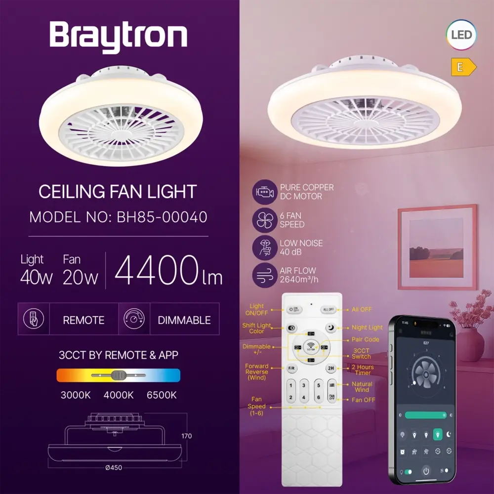 Braytron Braytron Fancy D450 Plafondventilator met LED-verlichting 40+20W – Wit Braytron Braytron Fancy D450 Plafondventilator met LED-verlichting 40+20W – Wit