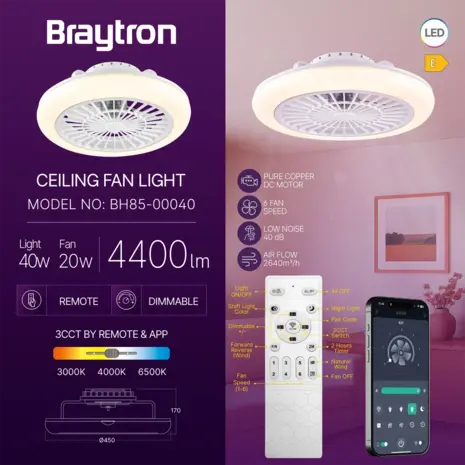 Braytron Braytron Fancy D450 Plafondventilator met LED-verlichting 40+20W – Wit Braytron Braytron Fancy D450 Plafondventilator met LED-verlichting 40+20W – Wit