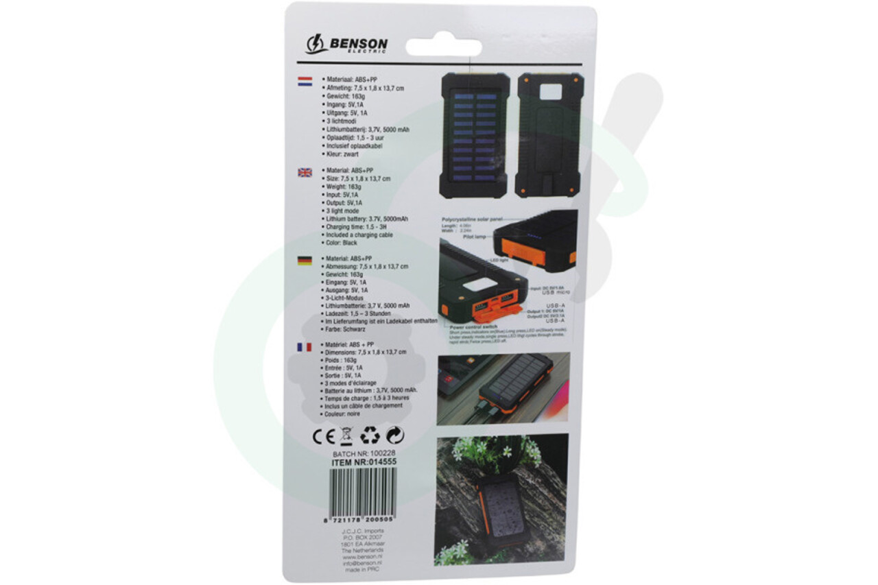 LCB Solar Powerbank - 5000mAh - 2x USB-A - LED Zaklamp 3 Standen - Zwart - Inclusief Oplaadkabel