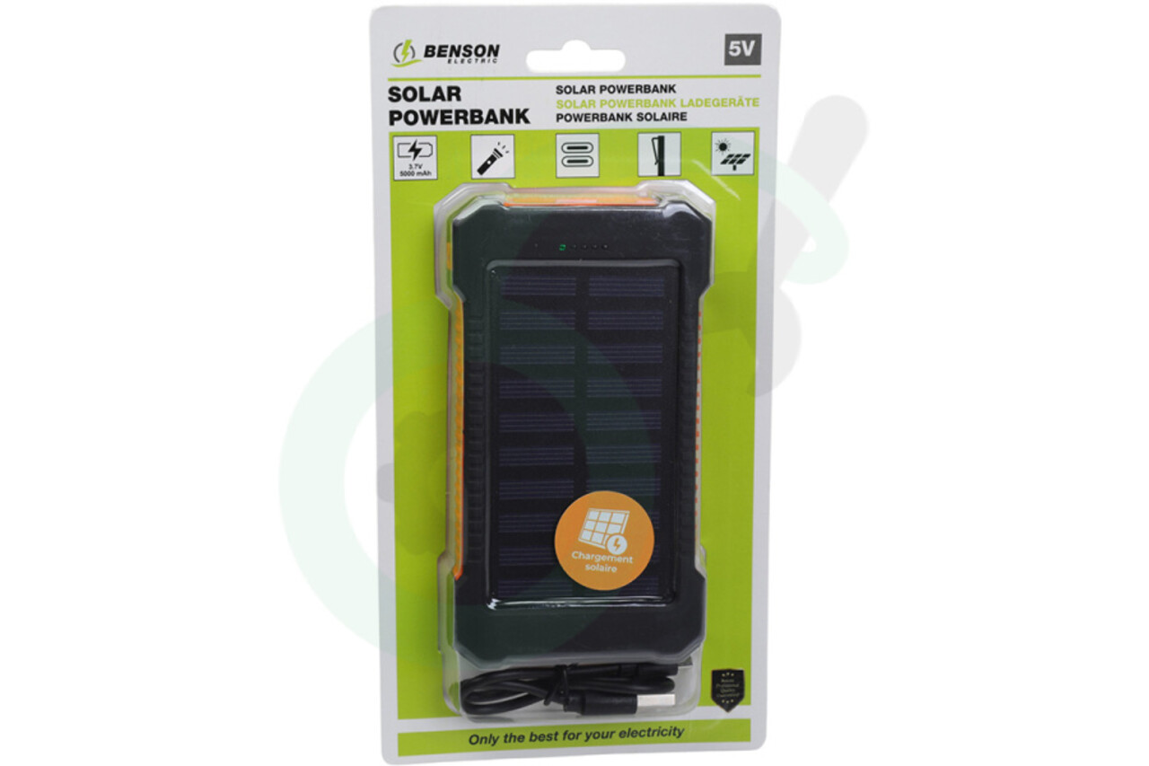 LCB Solar Powerbank - 5000mAh - 2x USB-A - LED Zaklamp 3 Standen - Zwart - Inclusief Oplaadkabel
