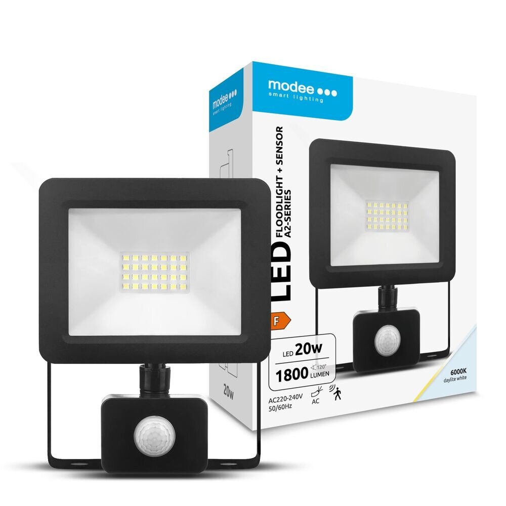 Modee LED schijnwerper met Bewegingssensor - 20W 1800Lm - 6000K Daglicht Wit - IP65 - Zwart Modee LED schijnwerper met Bewegingssensor - 20W 1800Lm - 6000K Daglicht Wit - IP65 - Zwart