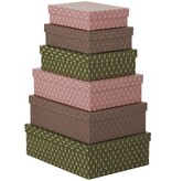Bungalow Set van 6 rechthoekige opbergdozen met print, Dusty green en mauve