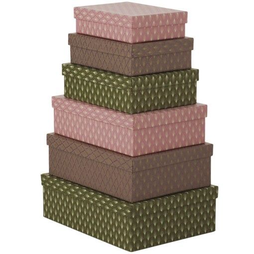 Bungalow Set van 6 rechthoekige opbergdozen met print, Dusty green en mauve