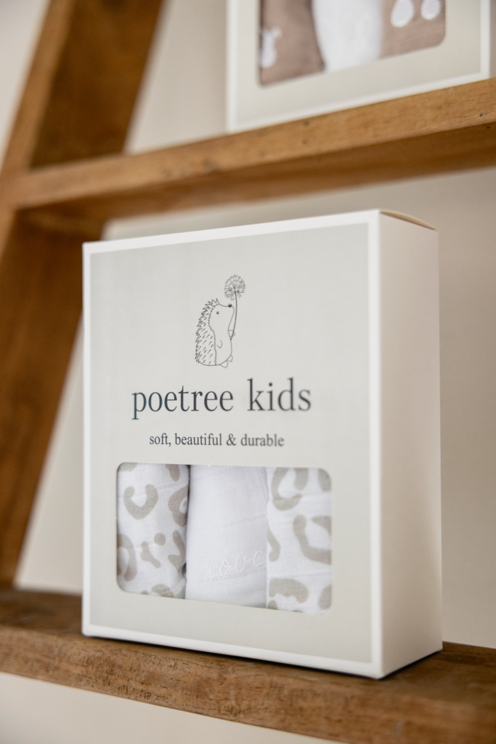 3 Linges en coton Blanc imprimé léopard Camel