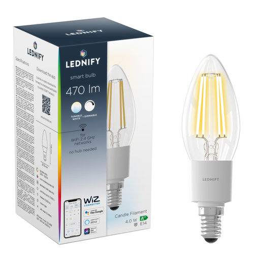 Lednify LEDNIFY WiZ Connected Smart LED Filament Candle Clear - E14 - 4W - 470LM - 2200-5500K
