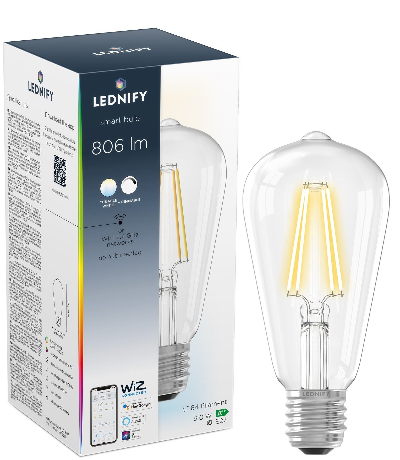 LEDNIFY WiZ Connected Smart LED Filament Rustic Clear - E27 - 6W - 806LM - 2200K-5500K