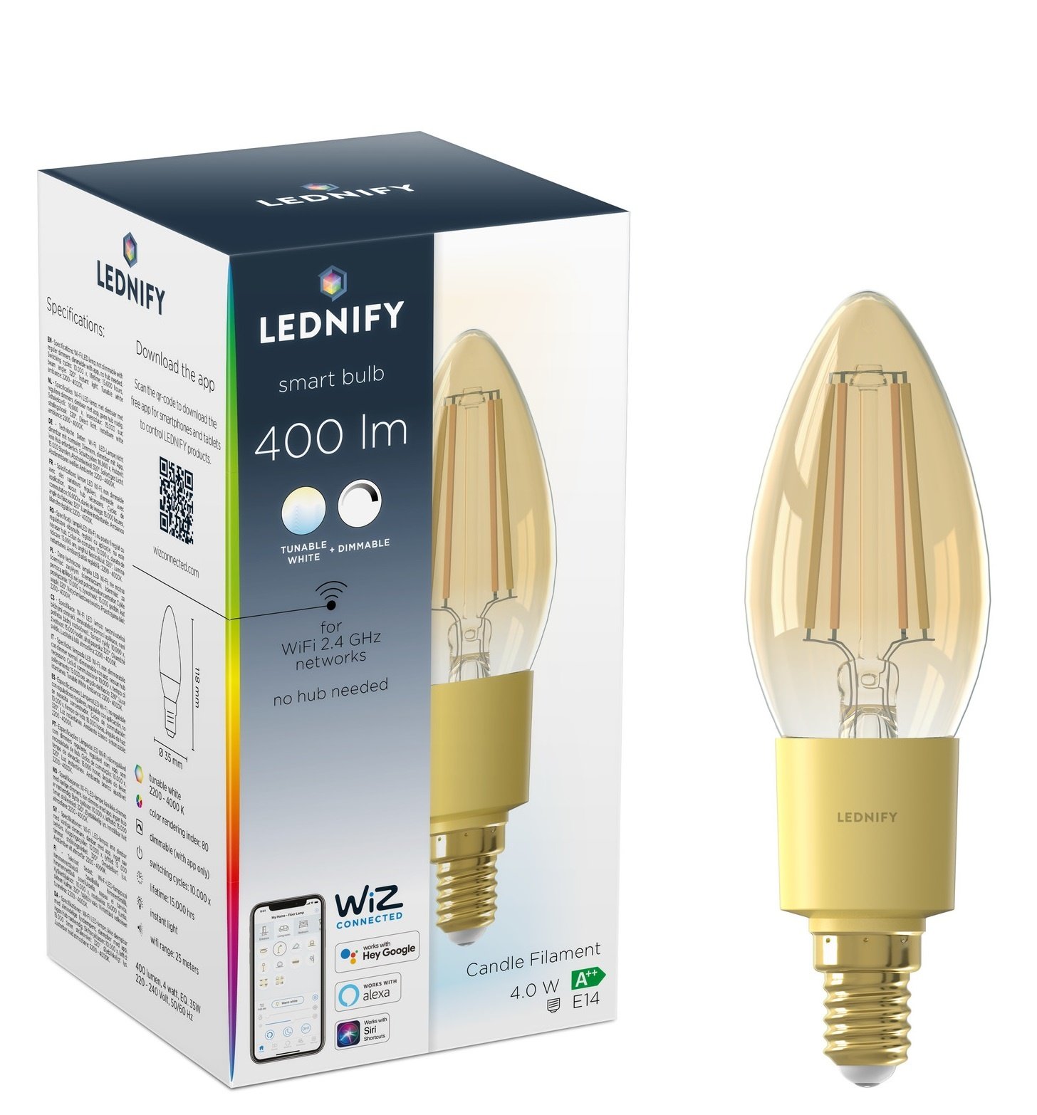 LEDNIFY WiZ Connected Smart LED Filament Candle Amber - E14 - 4W - 400LM - 2200-4000K