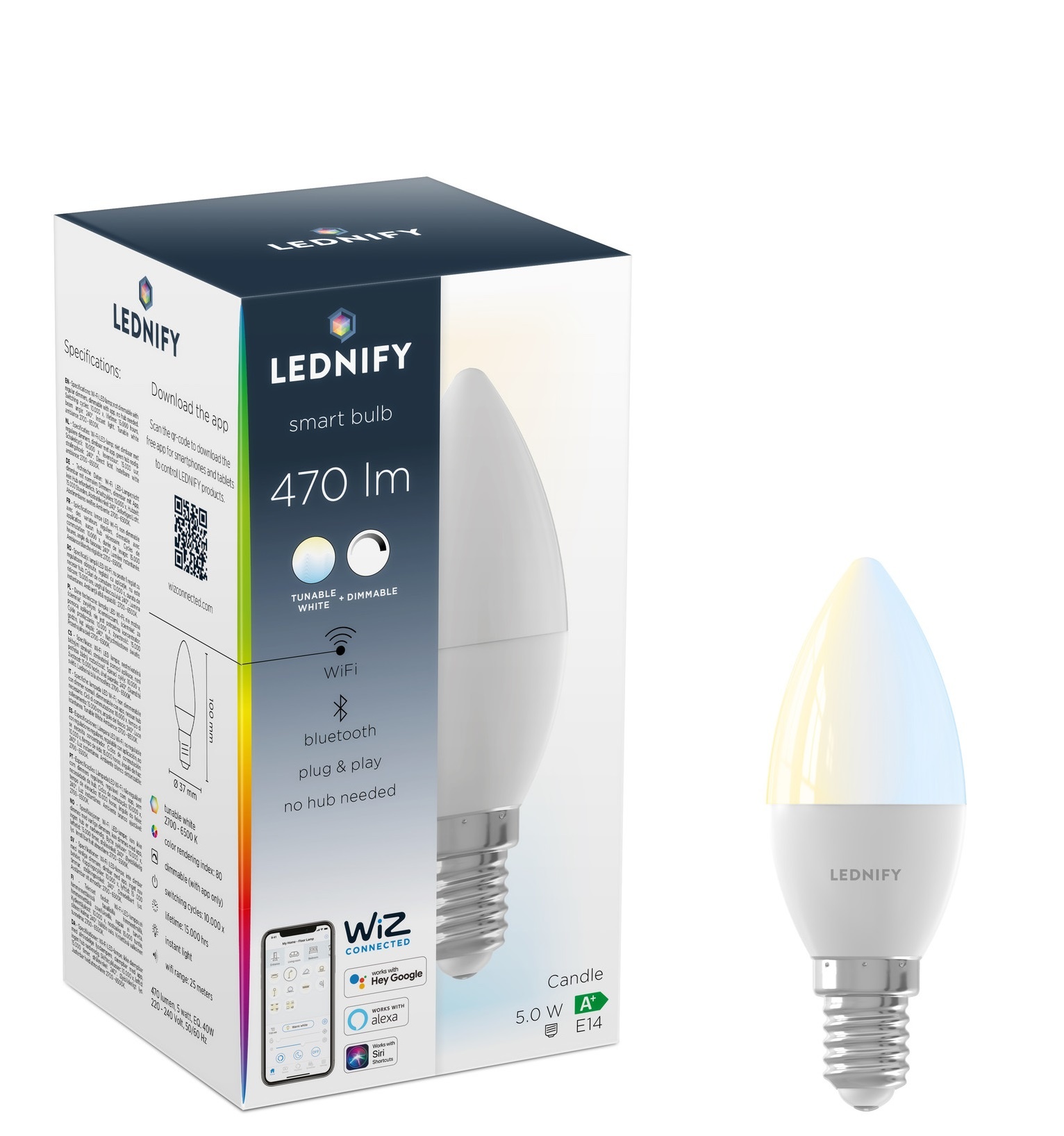 LEDNIFY WiZ Connected Smart LED Candle - E14 - 5W - 470LM - 2700-6500K