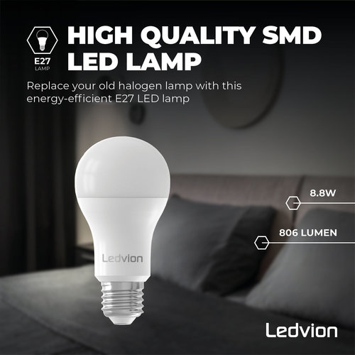Ledvion Ledvion Dimbare E27 LED Lamp - 8.8W - 4000K - 806 Lumen