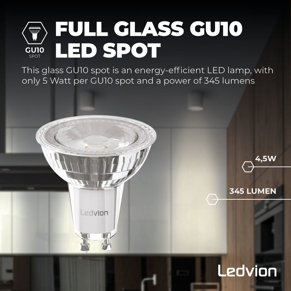 Ledvion Dimbare GU10 LED Spot - 5W - 2700K - 345 Lumen - Full Glass