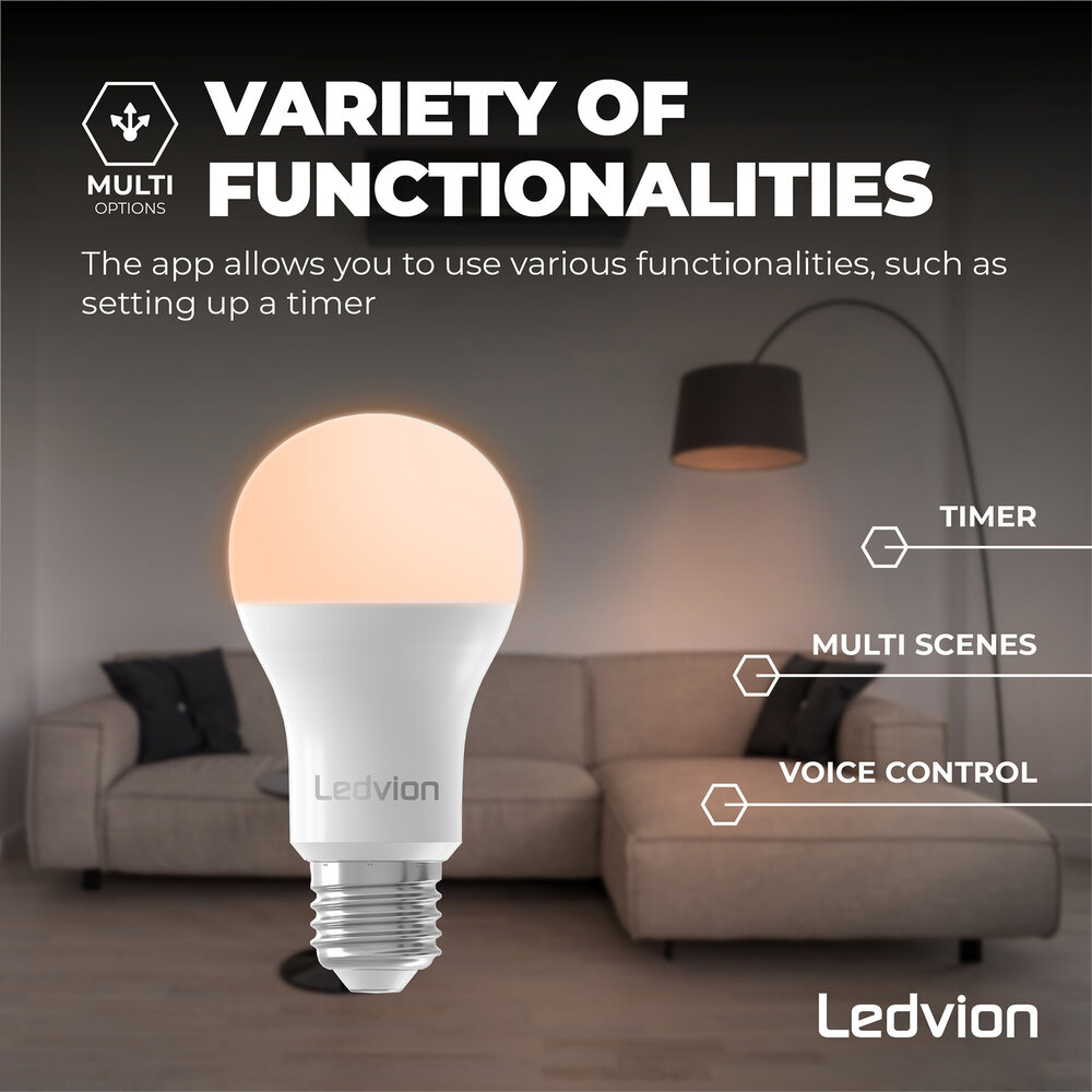 Ledvion Smart RGB+CCT E27 LED Lamp - Wifi - Dimbaar - 8W