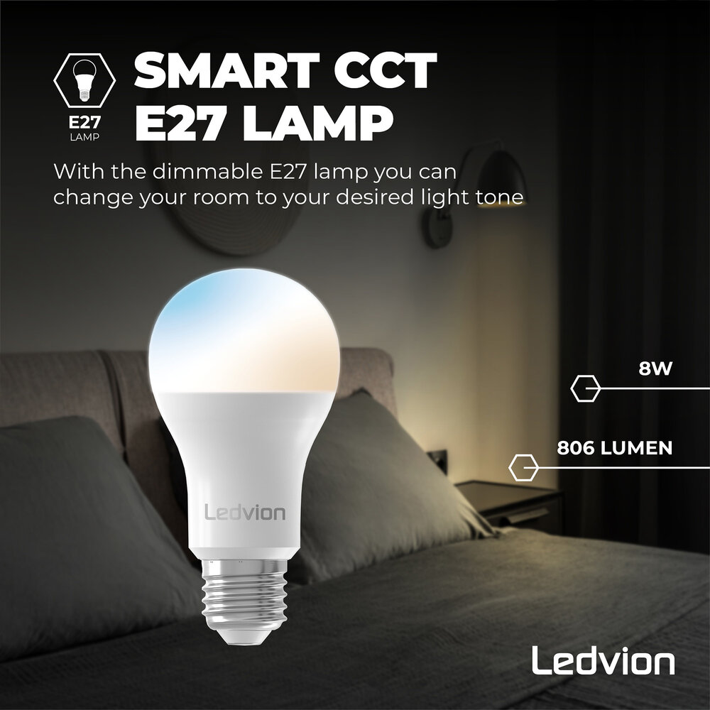 Ledvion Smart CCT E27 LED Lamp - 2700-6500K - Wifi - Dimbaar - 8W