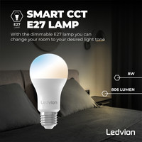 Smart CCT E27 LED Lamp - 2700-6500K - Wifi - Dimbaar - 8W Ledvion Smart CCT E27 LED Lamp - 2700-6500K - Wifi - Dimbaar - 8W