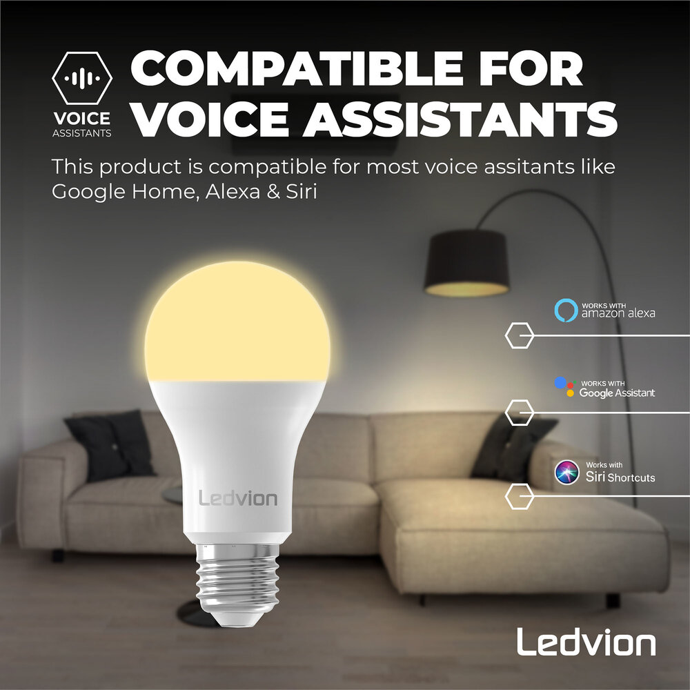 Ledvion Smart CCT E27 LED Lamp - 2700-6500K - Wifi - Dimbaar - 8W - 10 Pack