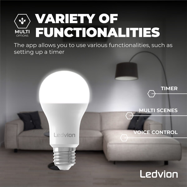Ledvion Smart CCT E27 LED Lamp - 2700-6500K - Wifi - Dimbaar - 8W - 10 Pack