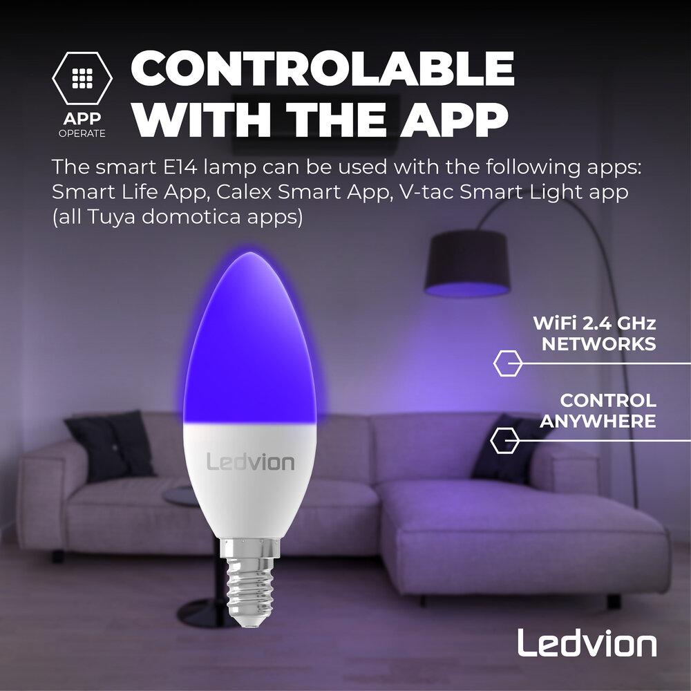 Ledvion Smart RGB+CCT E14 LED Lamp - Wifi - Dimbaar - 5W - 6 Pack