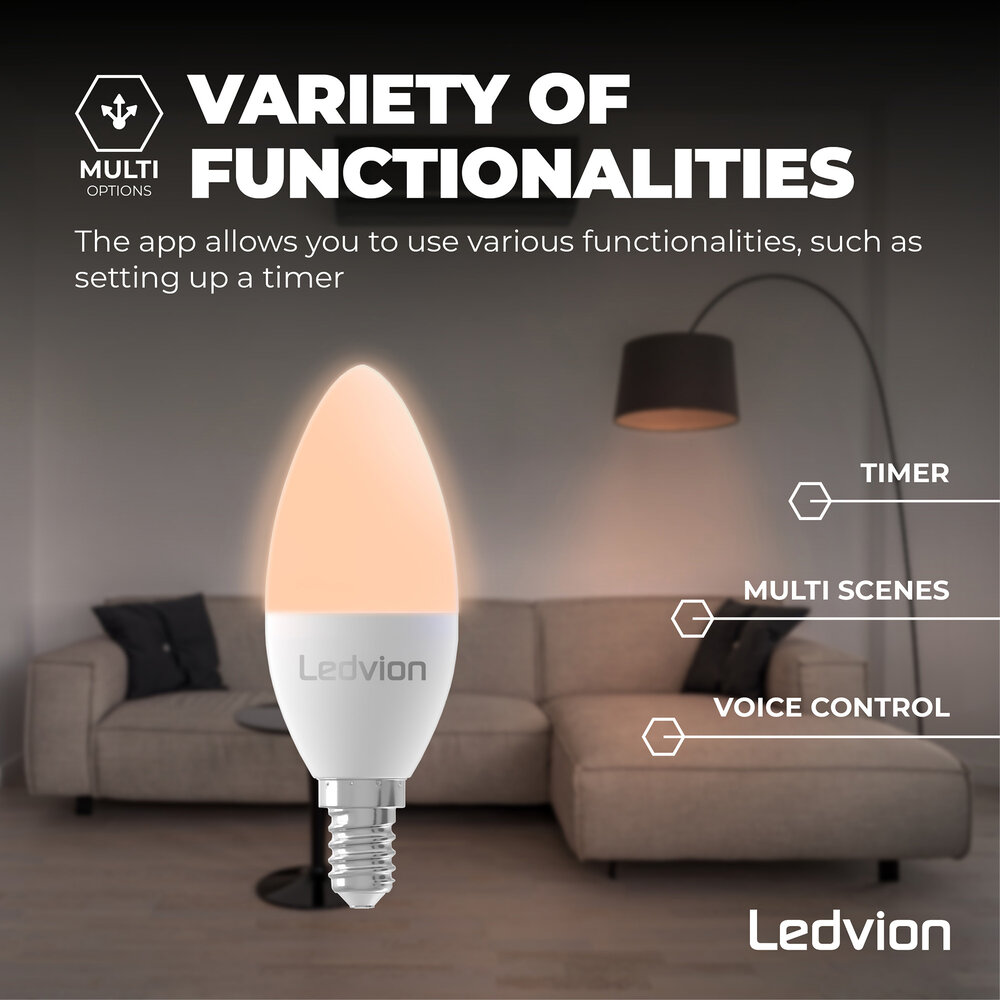 Ledvion Smart RGB+CCT E14 LED Lamp - Wifi - Dimbaar - 5W - 6 Pack