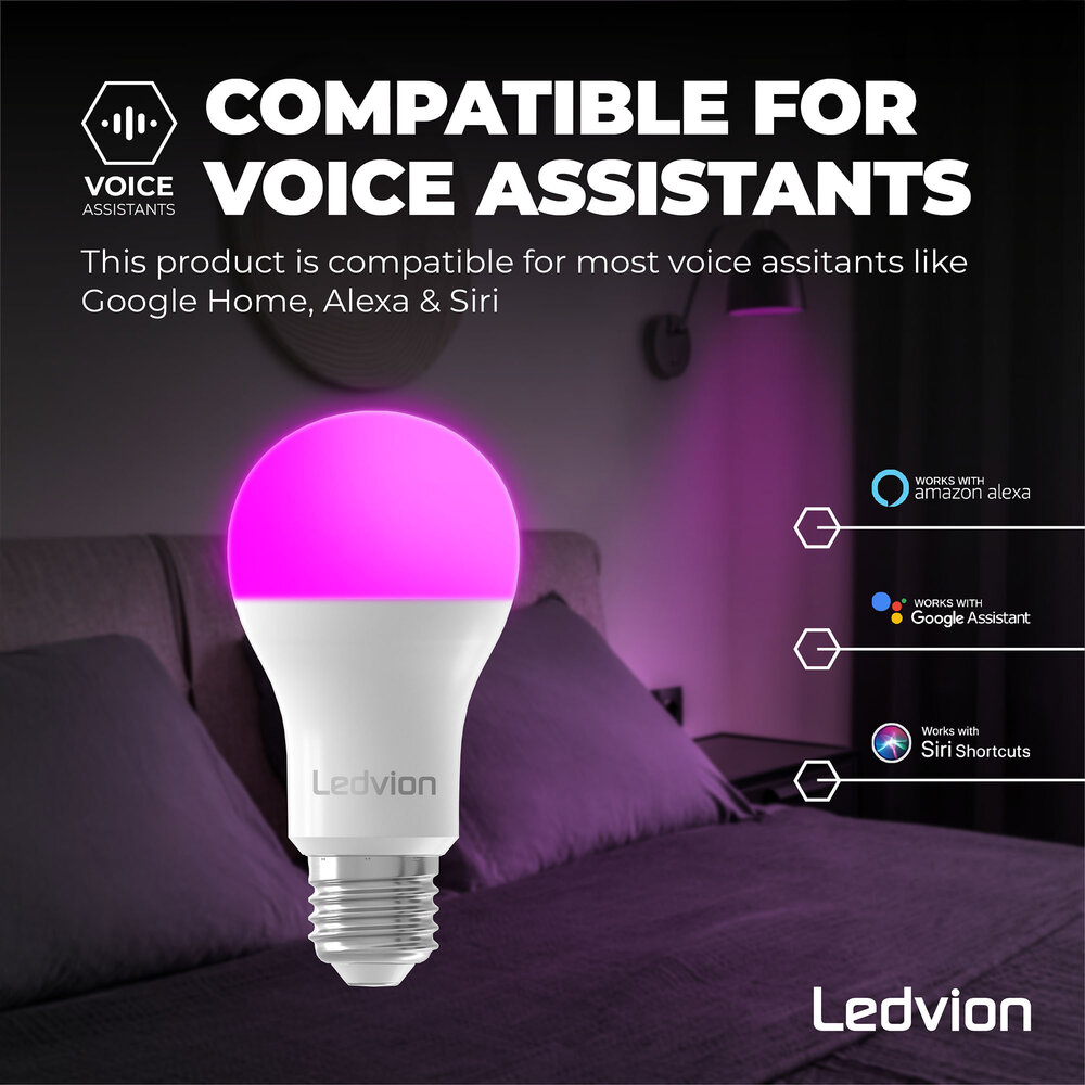 Ledvion Smart RGB+CCT E27 LED Lamp - Wifi - Dimbaar - 8W - 10 Pack