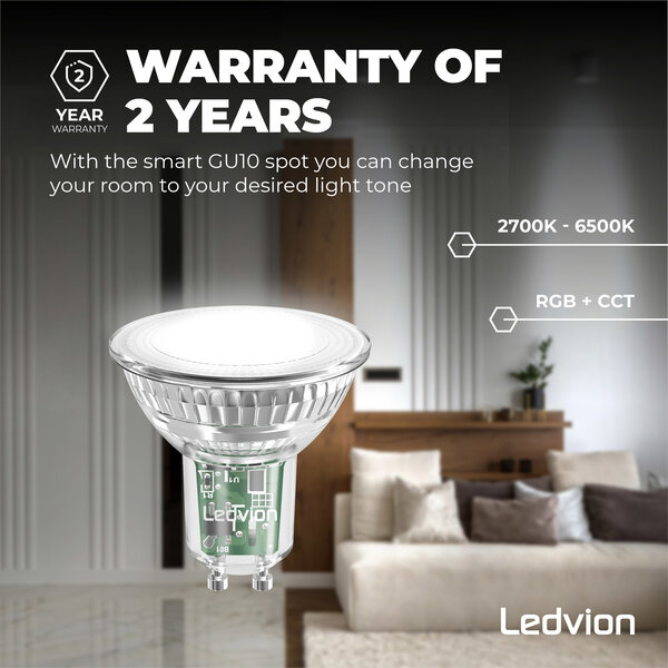 Ledvion Smart CCT GU10 LED Spot - 2700-6500K - Dimbaar - Wifi - 4,9W