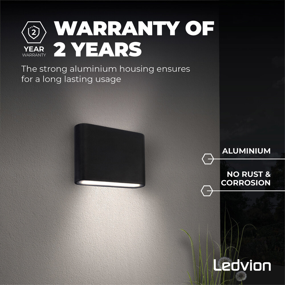 Ledvion LED Wandlamp Buiten Mira S Zwart - 3000K - 6W - IP54