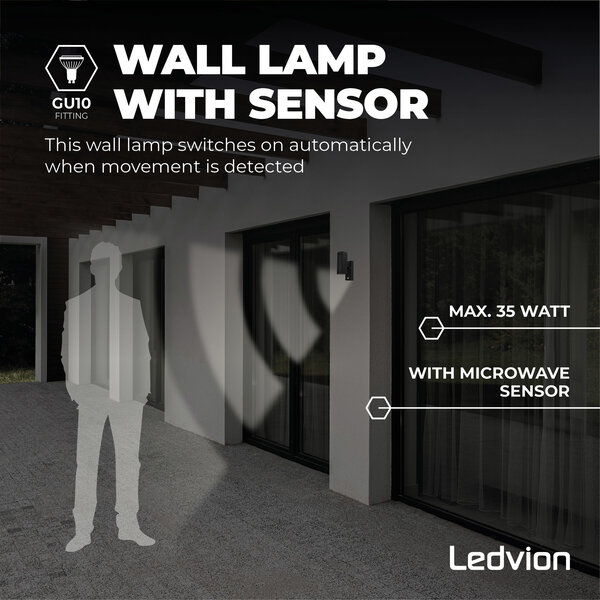 Ledvion LED Wandlamp met Sensor - IP54 - GU10 Fitting - Up & Down - Zwart - Geschikt voor Binnen & Buiten