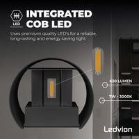 Ledvion Dimbare LED Wandlamp Buiten Rond Zwart - Tweezijdig - 3000K -  7W