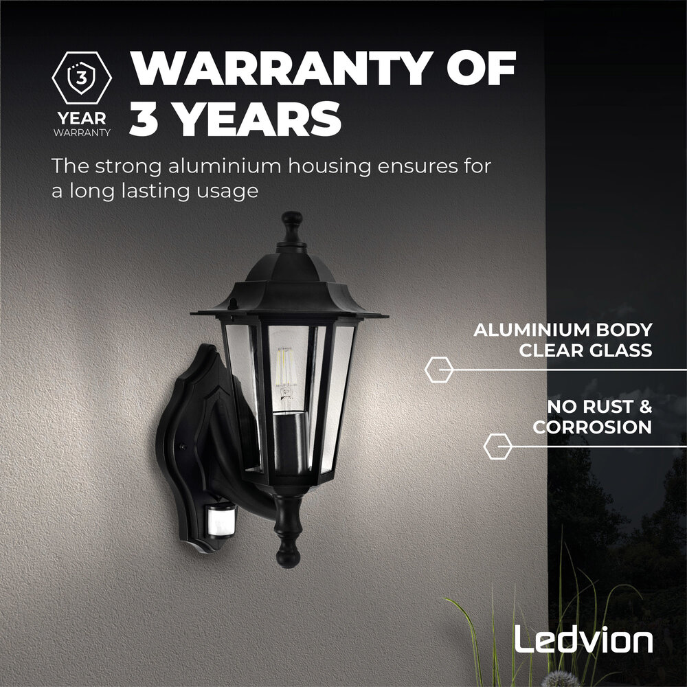 Ledvion Buitenlamp Met Sensor - Zwart Klassiek - E27 Fitting  - IP44