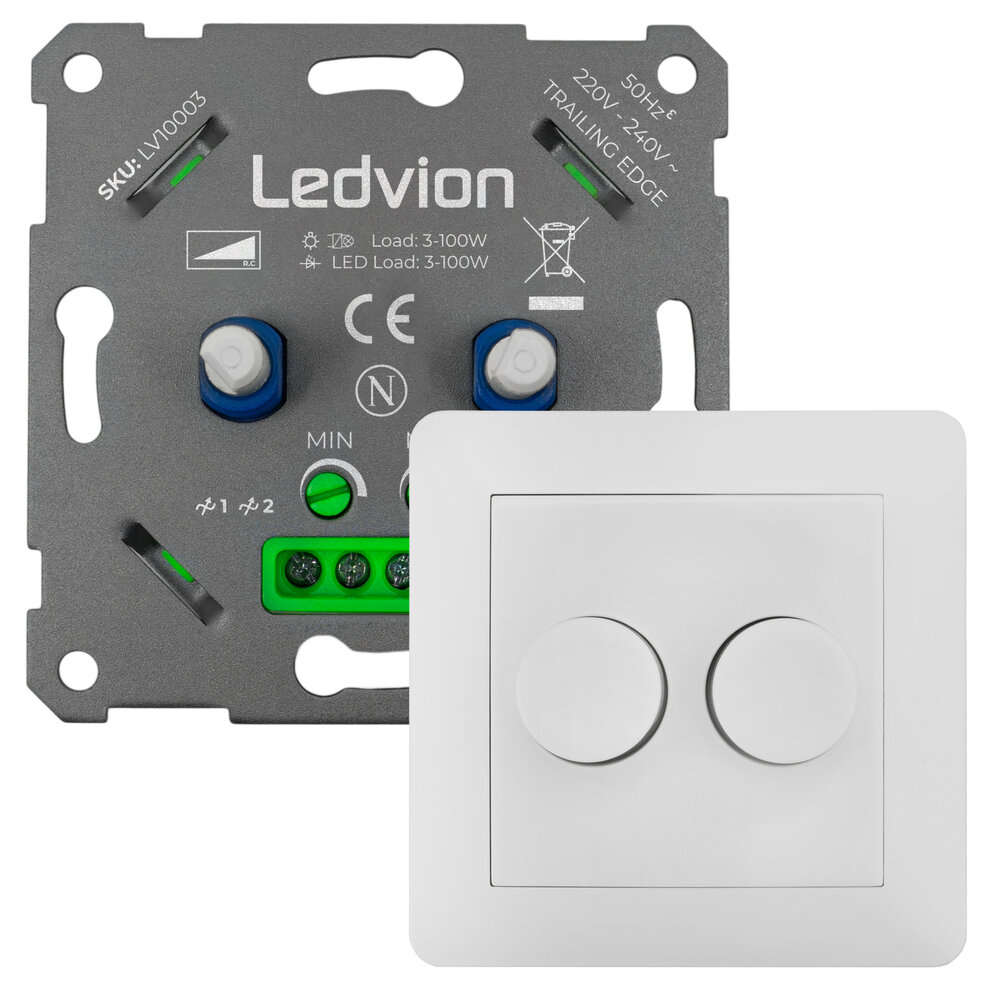 Ledvion LED Duo Dimmer 2x 3-100 Watt - 220-240V - Fase Afsnijding - Universeel - Compleet