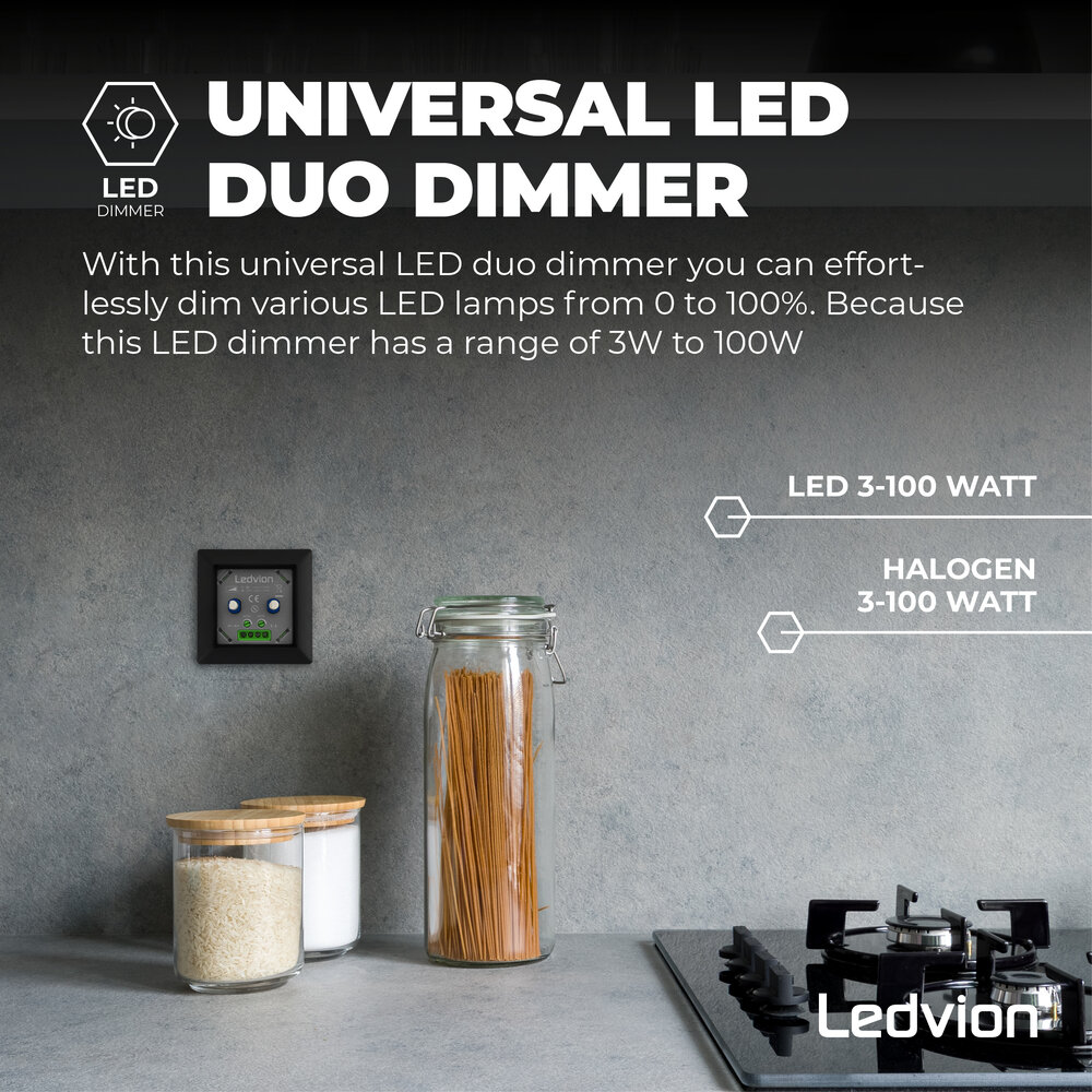 Ledvion LED Duo Dimmer 2x 3-100 Watt - 220-240V - Fase Afsnijding - Universeel - Compleet