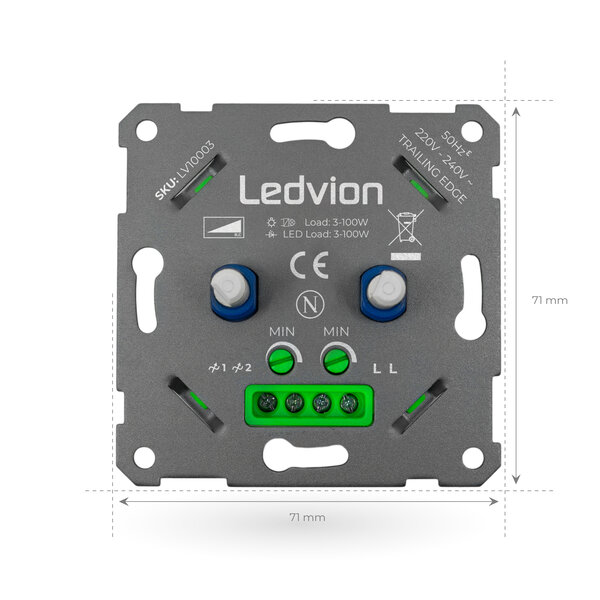 Ledvion LED Duo Dimmer 2x 3-100 Watt - 220-240V - Fase Afsnijding - Universeel - Compleet