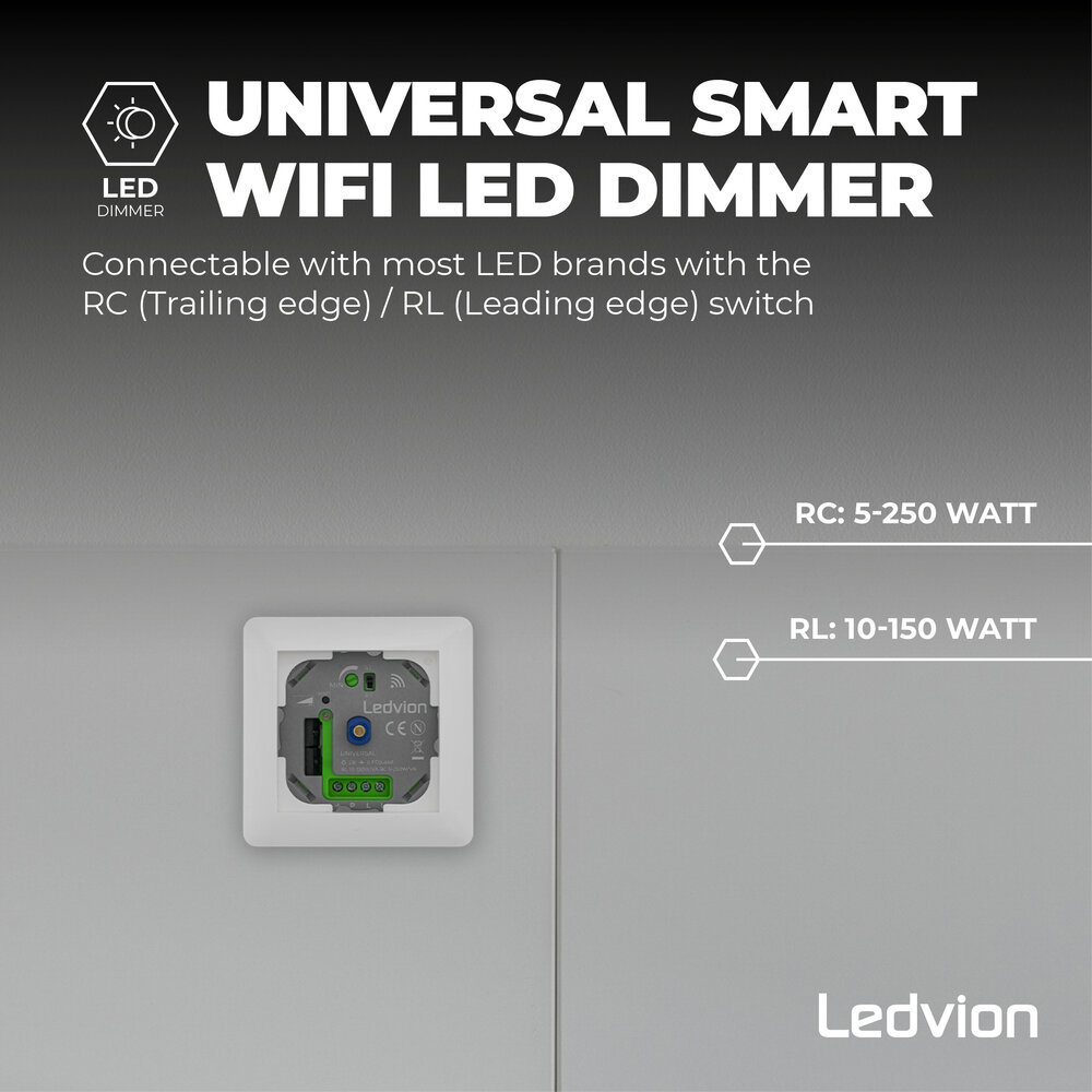 Ledvion Smart WIFI LED Dimmer 5-250W LED 220-240V - Fase Aan/Afsnijding - Universeel