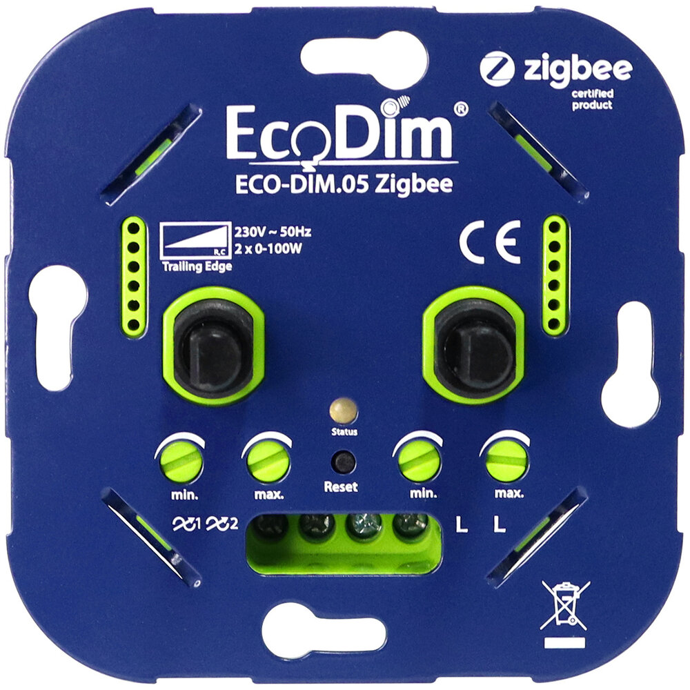 EcoDim Zigbee Smart LED DUO Dimmer Inbouw 2x 0-100 Watt 220-240V - Fase afsnijding