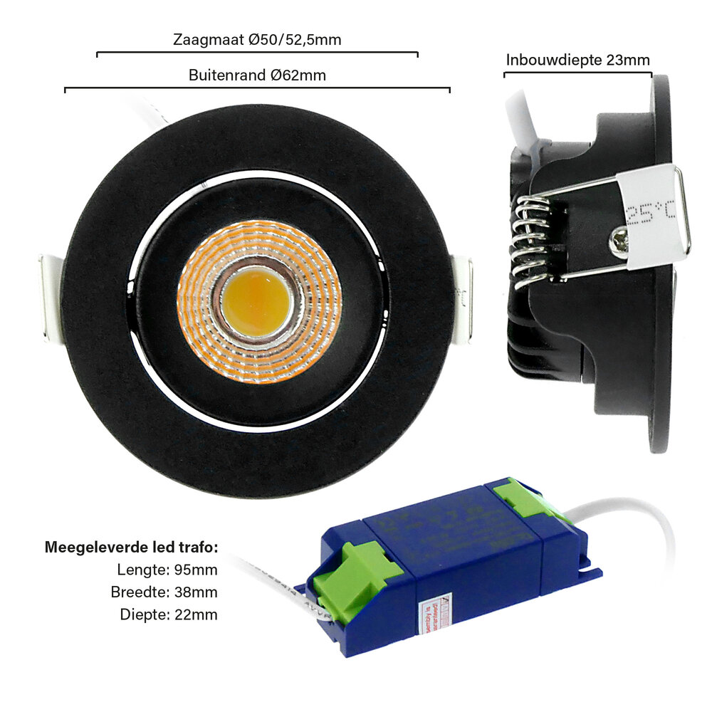 EcoDim LED Inbouwspots  Zwart - 5W – IP54 – 2000K-3000K - Kantelbaar