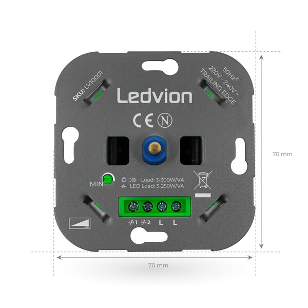 Ledvion LED Dimmer 3-250 Watt 220-240V - Fase Afsnijding - Universeel - Compleet